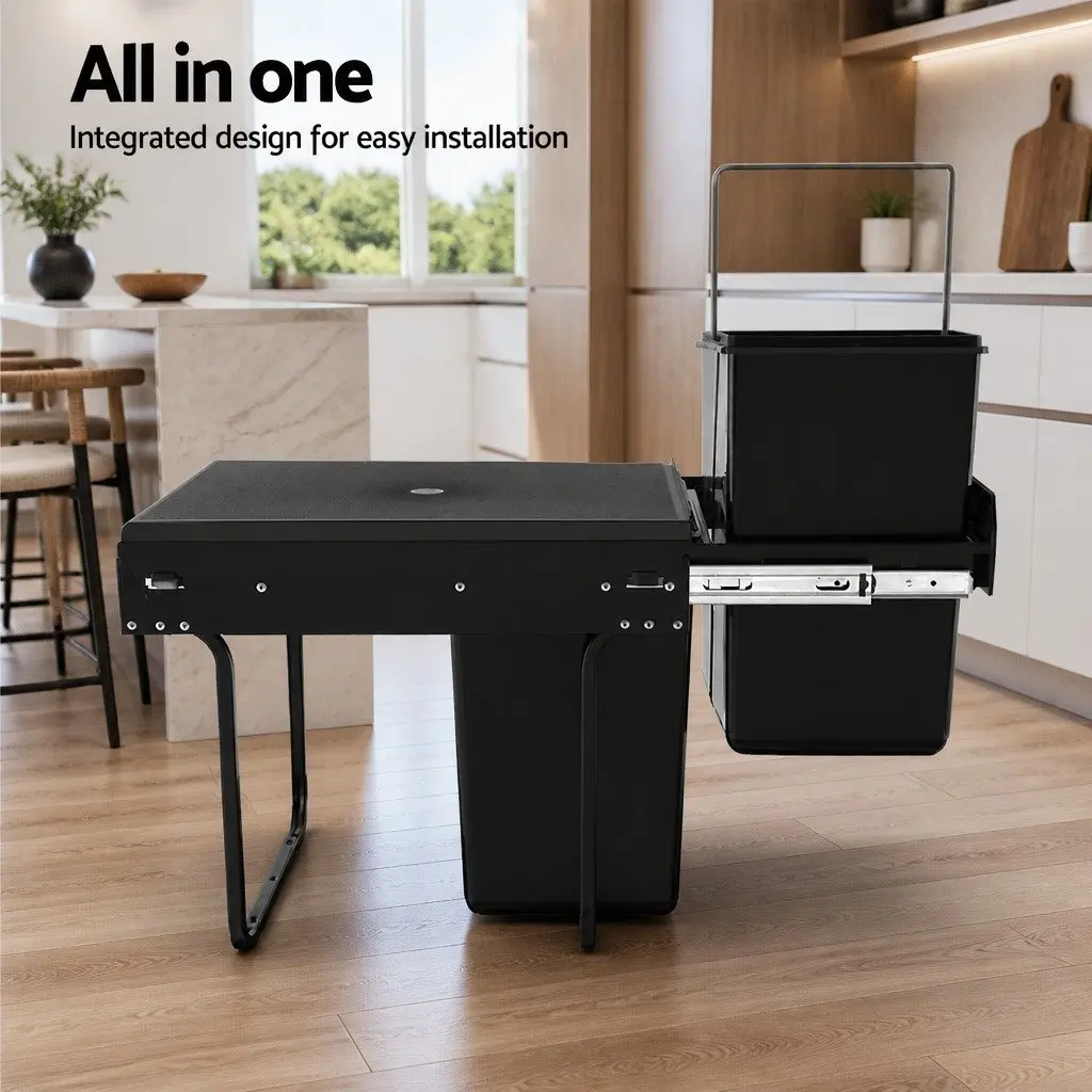 Pull Out Bin Kitchen Double Basket 2x20L Waste Storage Black Cabinet Organizer