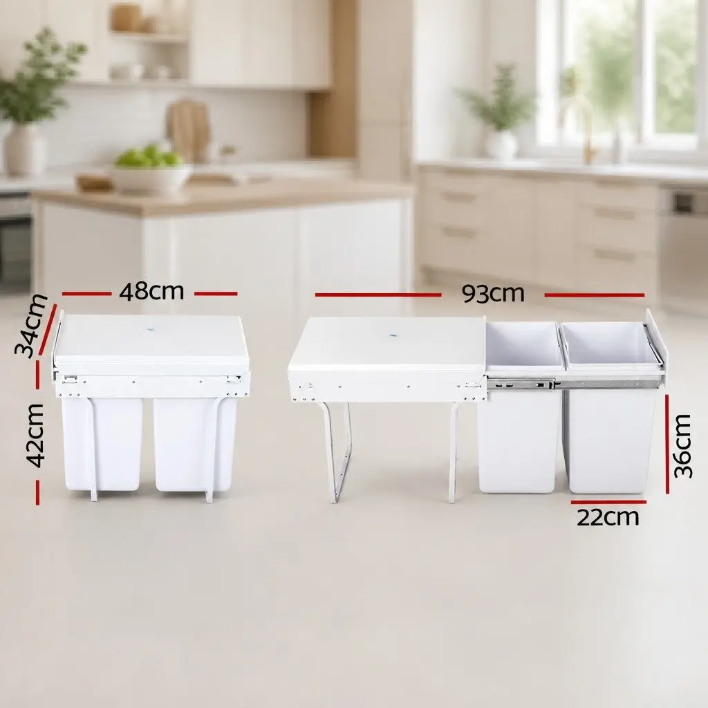 Pull Out Bin Kitchen Double Basket 2x20L Under Bench Waste Organizer White