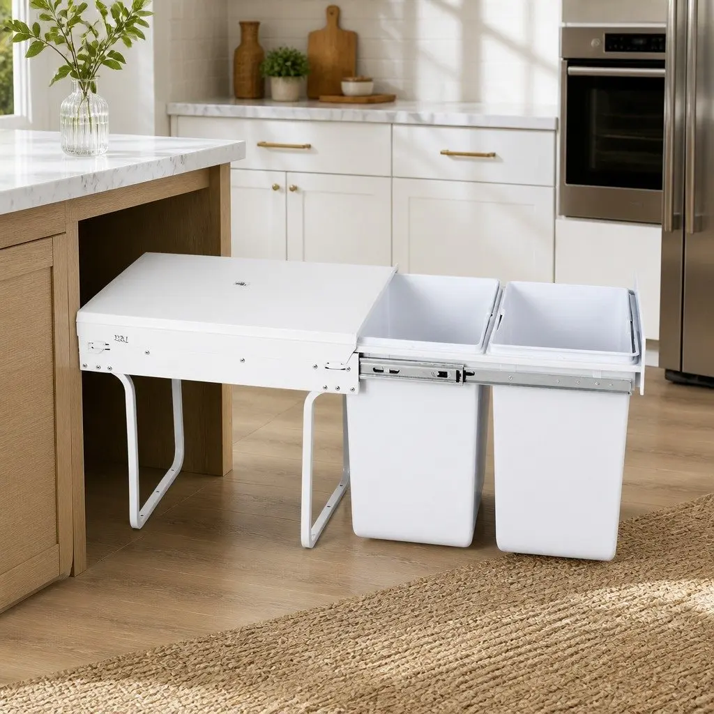 Pull Out Bin Kitchen Double Basket 2x20L Under Bench Waste Organizer White