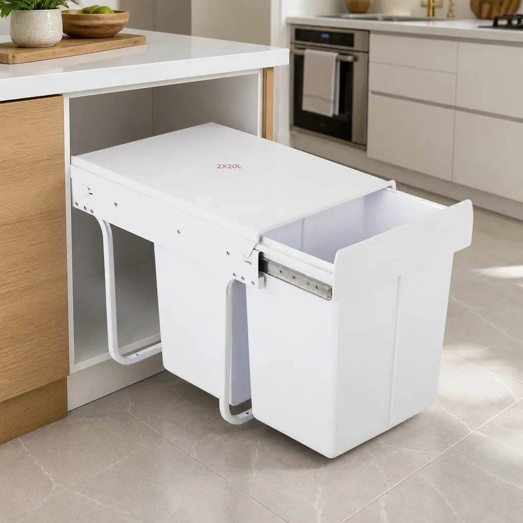 Pull Out Bin Kitchen Double Basket 2x20L Under Bench Waste Organizer White