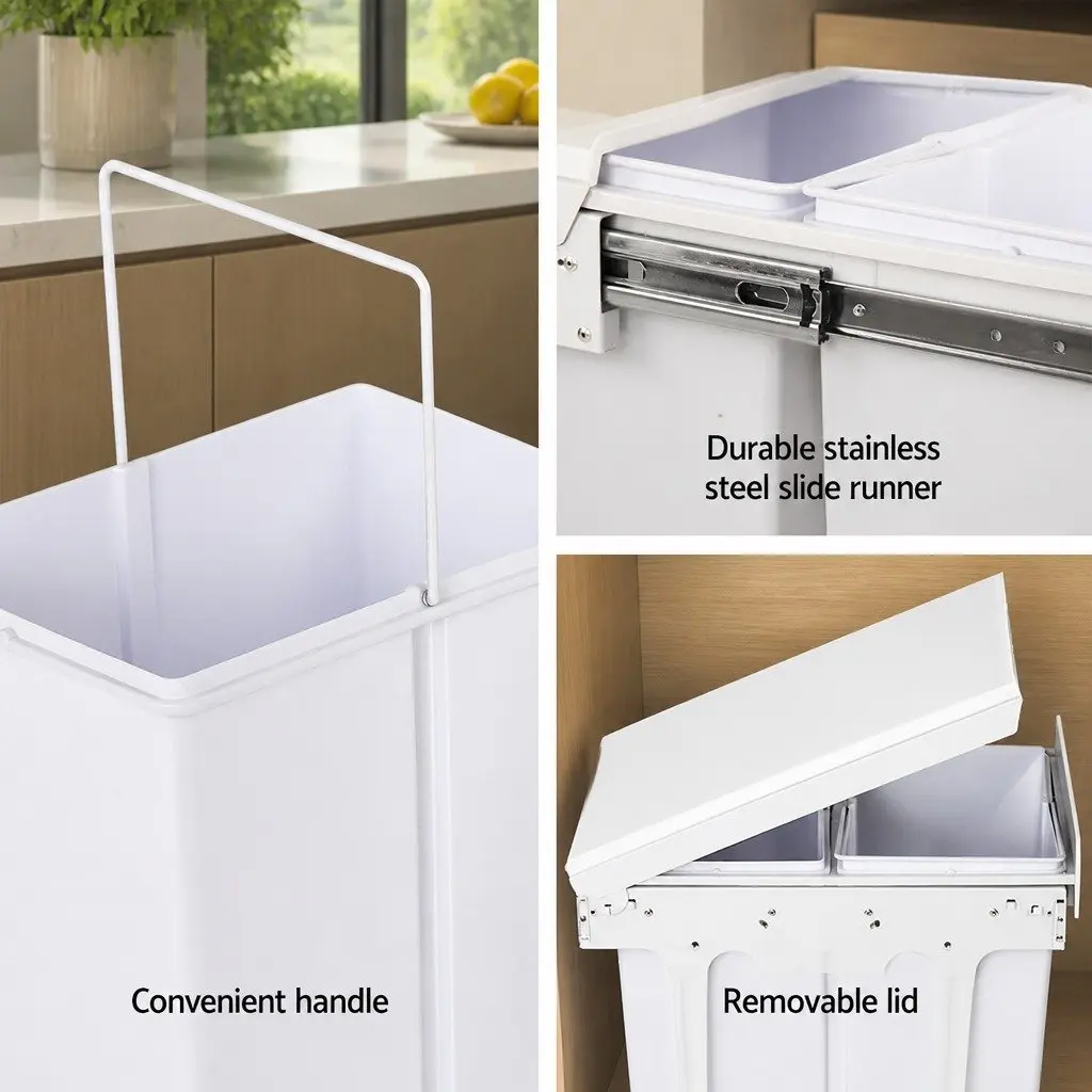 Pull Out Bin Kitchen Double Basket 2x20L Under Bench Waste Organizer White