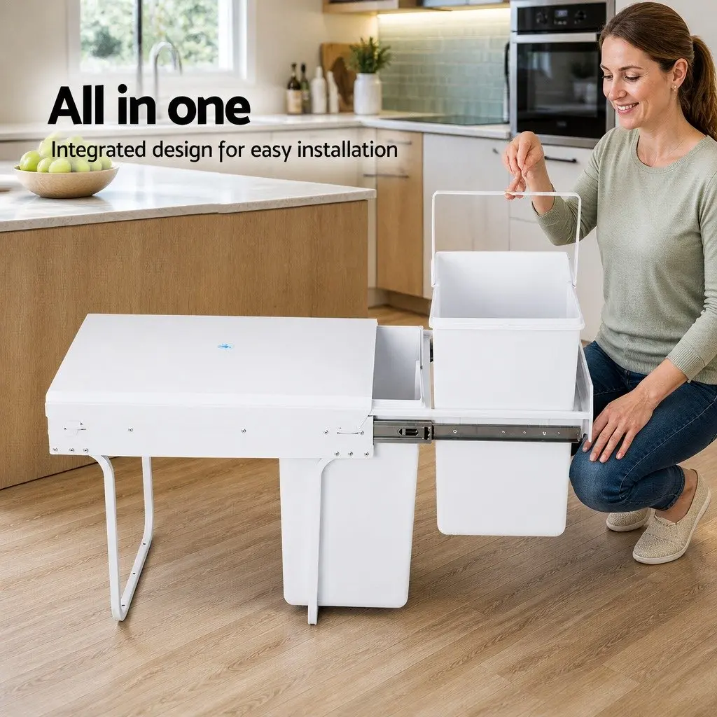 Pull Out Bin Kitchen Double Basket 2x20L Under Bench Waste Organizer White