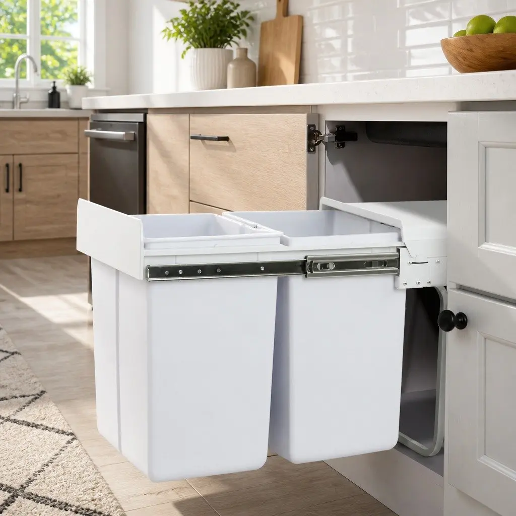 Pull Out Bin Kitchen Double Basket 2x20L Under Bench Waste Organizer White