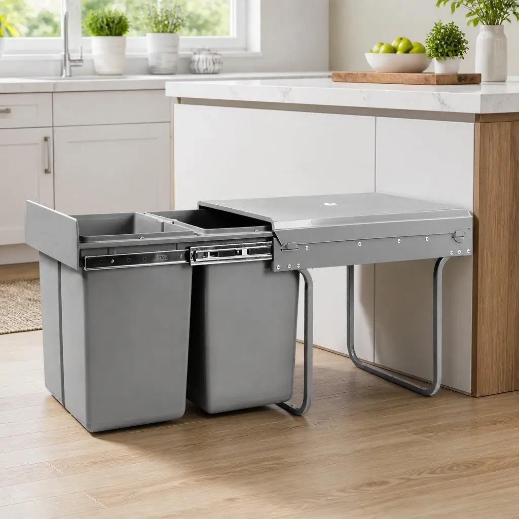 Pull Out Bin Kitchen Double Basket 2x20L Grey Under Bench Waste Organiser