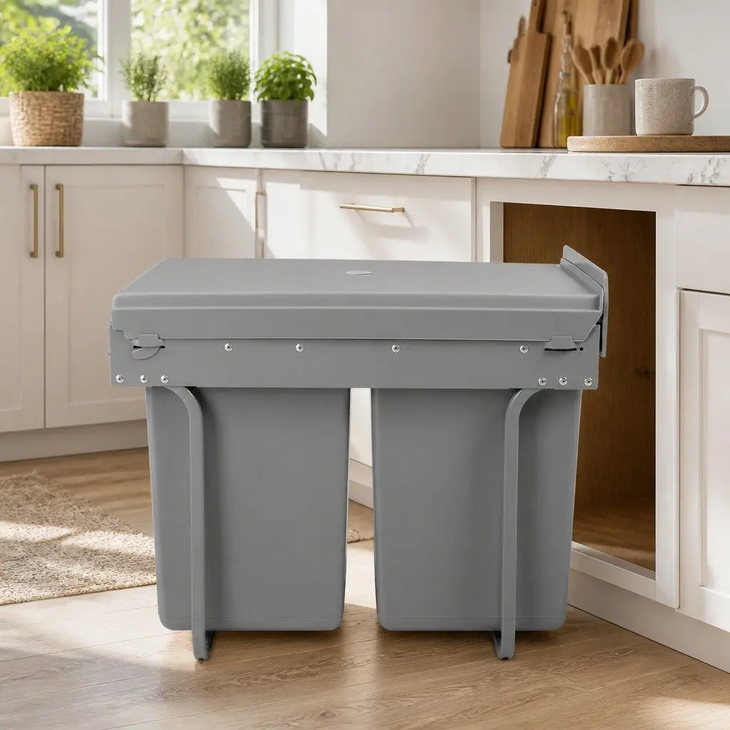 Pull Out Bin Kitchen Double Basket 2x20L Grey Under Bench Waste Organiser