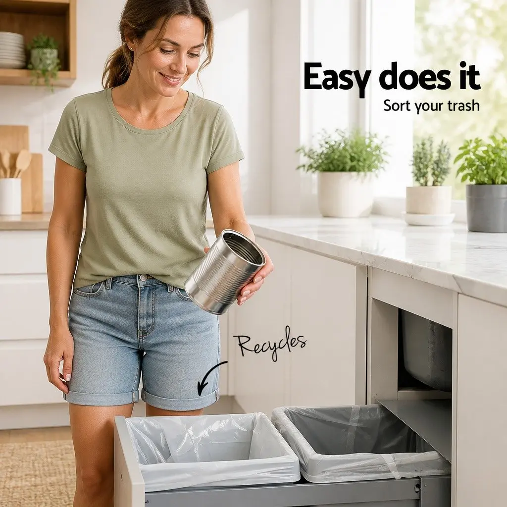 Pull Out Bin Kitchen Double Basket 2x20L Grey Under Bench Waste Organiser