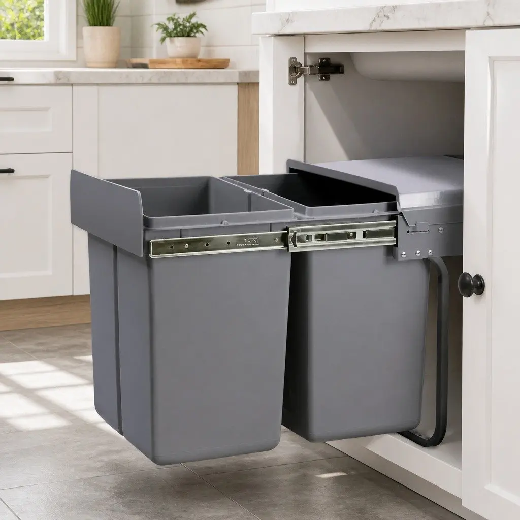 Pull Out Bin Kitchen Double Basket 2x20L Grey Under Bench Waste Organiser