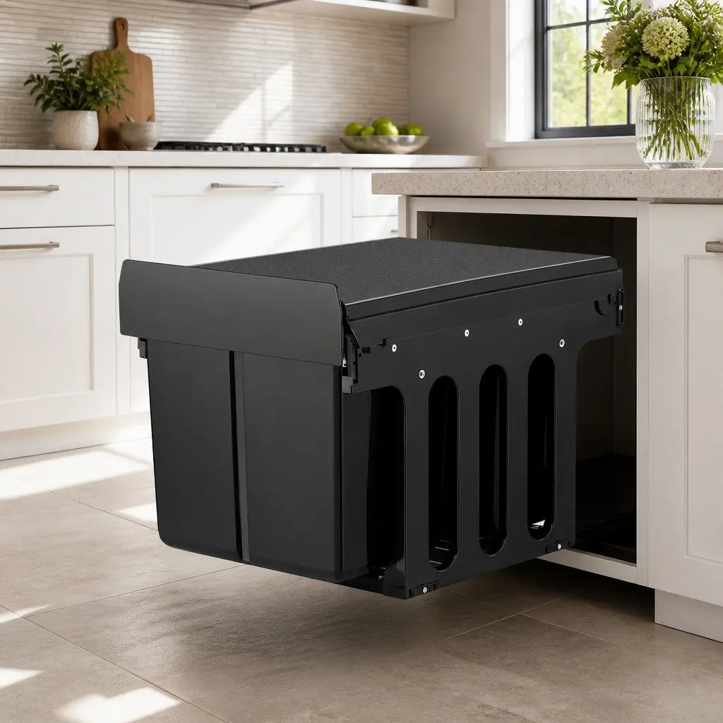 Pull Out Bin Kitchen Triple Slide Garbage Waste Basket Black 31L