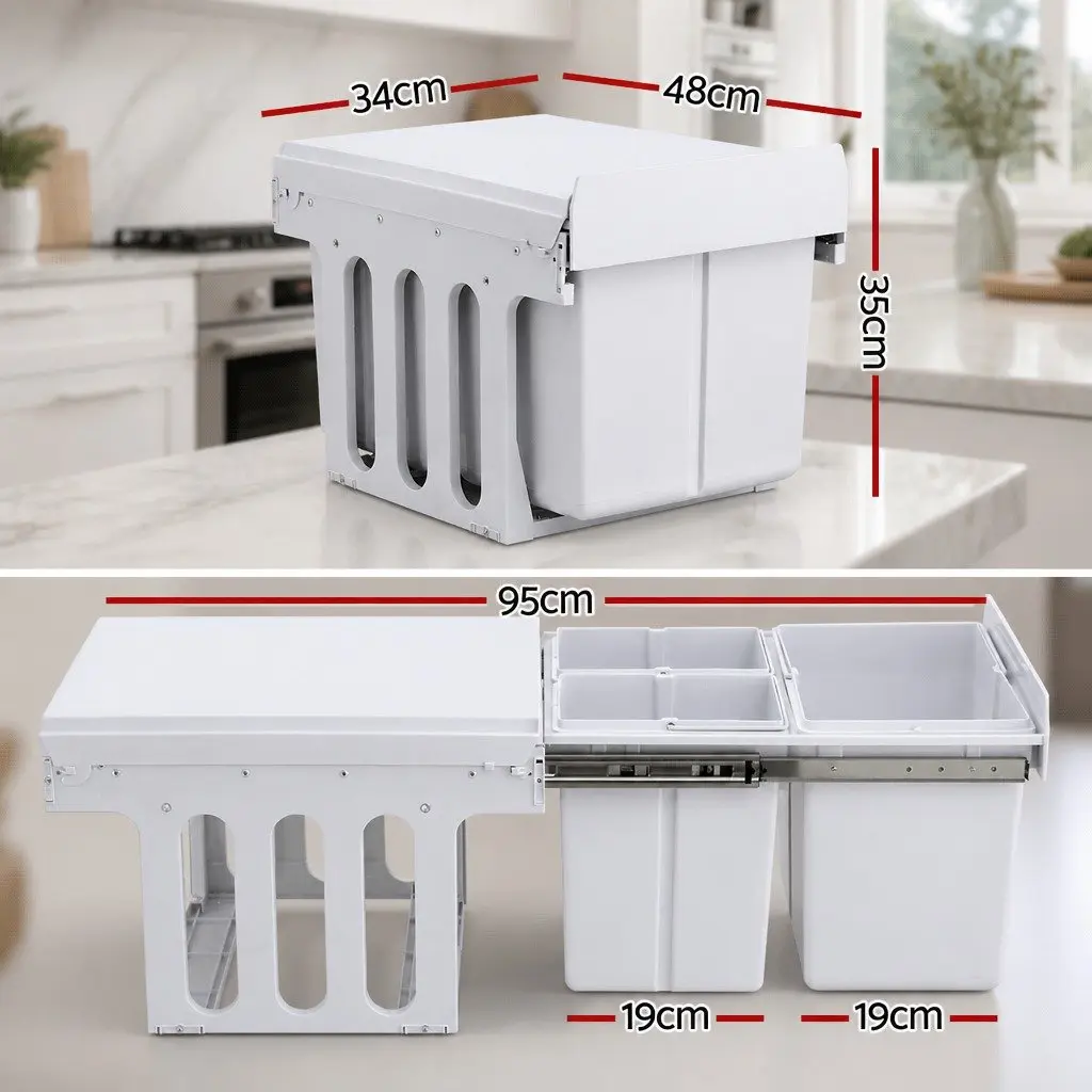 Pull Out Bin Kitchen Triple Slide Garbage Waste Bins Cabinet Basket White 31L