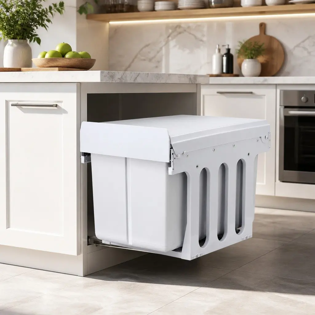 Pull Out Bin Kitchen Triple Slide Garbage Waste Bins Cabinet Basket White 31L