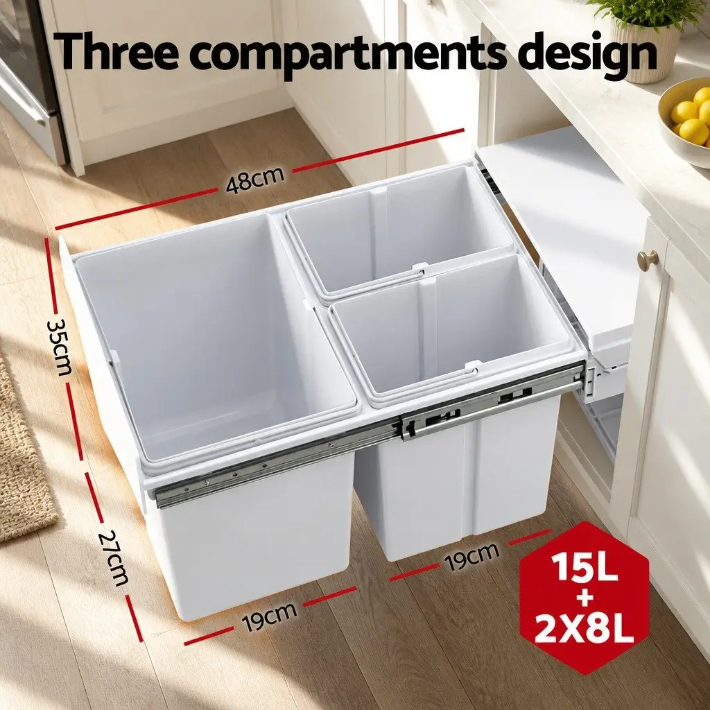 Pull Out Bin Kitchen Triple Slide Garbage Waste Bins Cabinet Basket White 31L