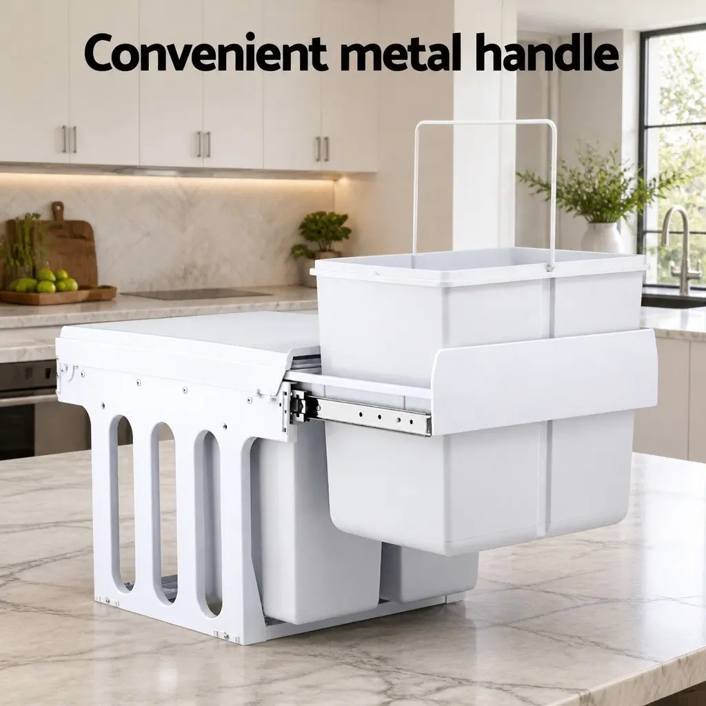 Pull Out Bin Kitchen Triple Slide Garbage Waste Bins Cabinet Basket White 31L
