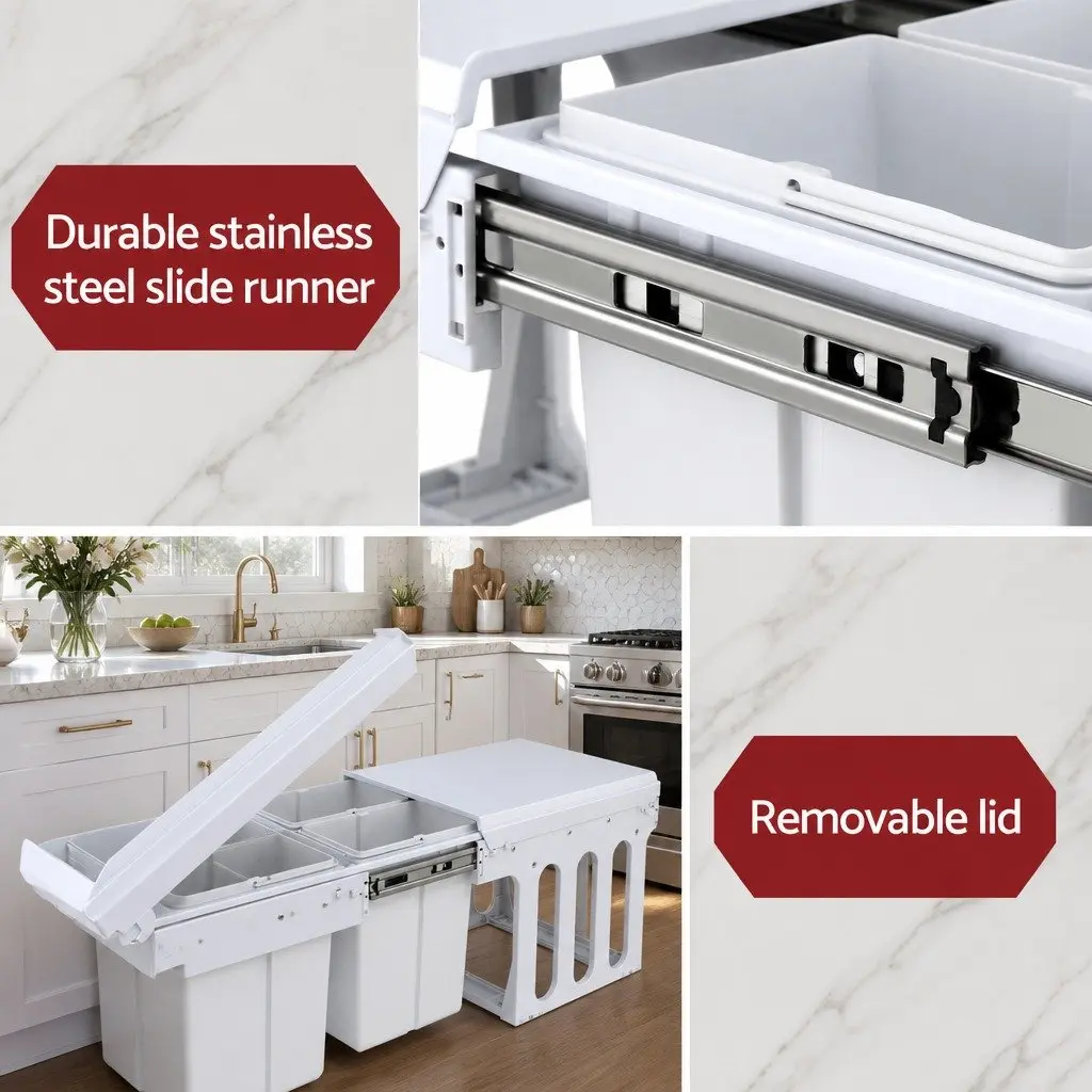 Pull Out Bin Kitchen Triple Slide Garbage Waste Bins Cabinet Basket White 31L