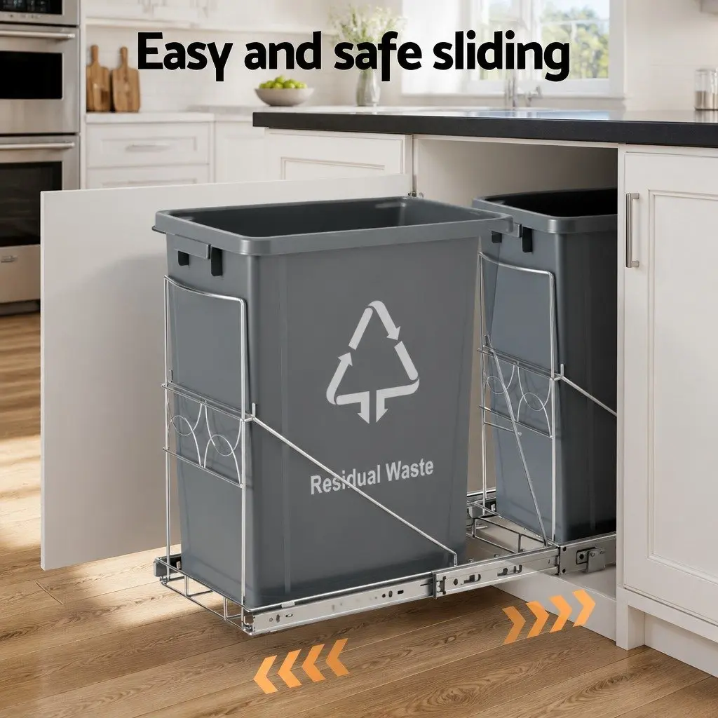 Pull Out Bin Kitchen Cabinet Slide Garbage Rubbish Waste Basket 40L Storage