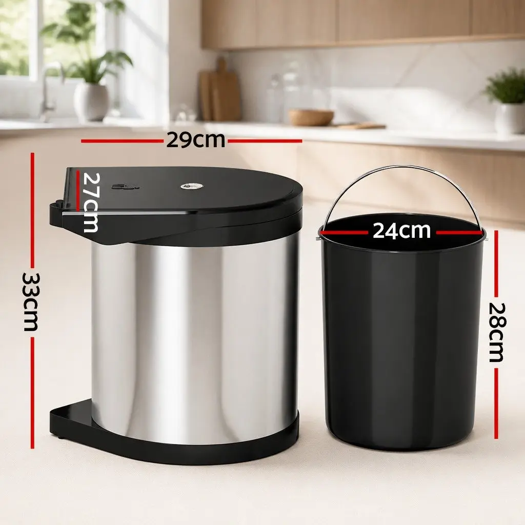 Pull Out Kitchen Bin Auto Open Lid 12L Silver Stainless Steel Cabinet Waste Dustbin