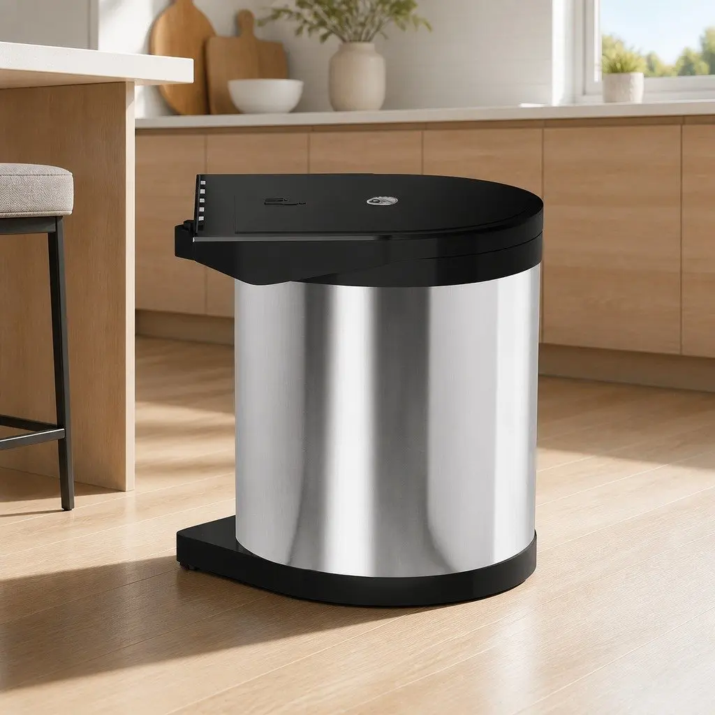 Pull Out Kitchen Bin Auto Open Lid 12L Silver Stainless Steel Cabinet Waste Dustbin