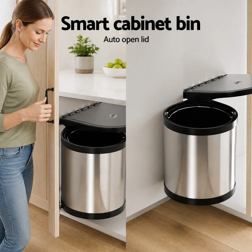 Pull Out Kitchen Bin Auto Open Lid 12L Silver Stainless Steel Cabinet Waste Dustbin