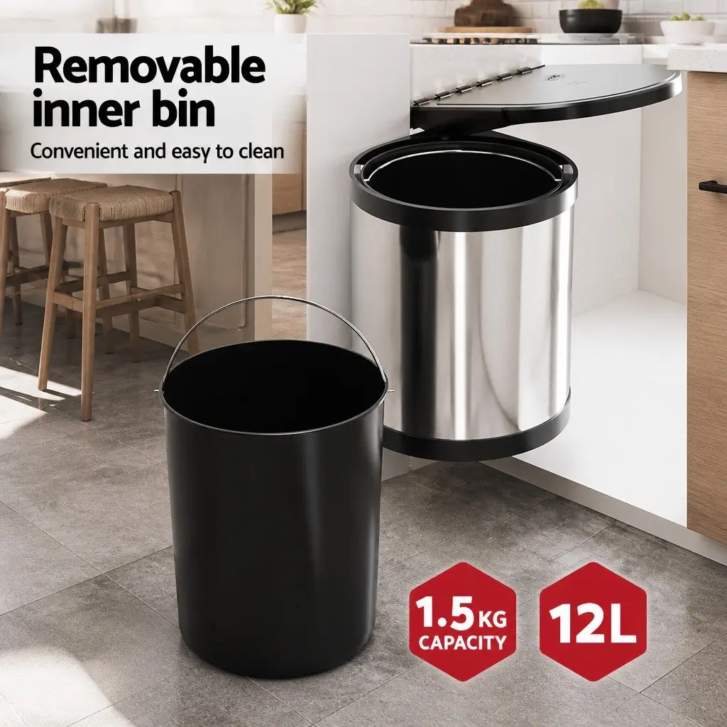 Pull Out Kitchen Bin Auto Open Lid 12L Silver Stainless Steel Cabinet Waste Dustbin