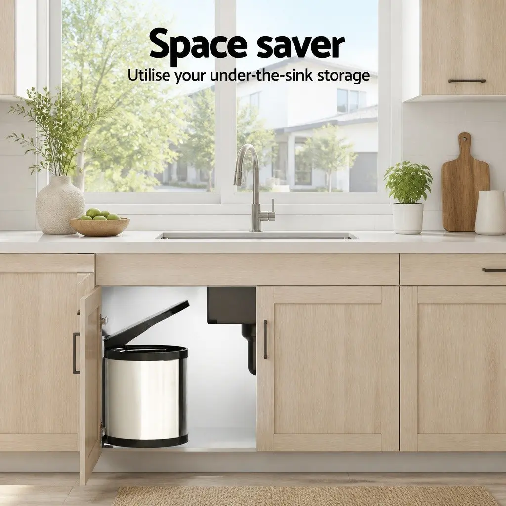 Pull Out Kitchen Bin Auto Open Lid 12L Silver Stainless Steel Cabinet Waste Dustbin
