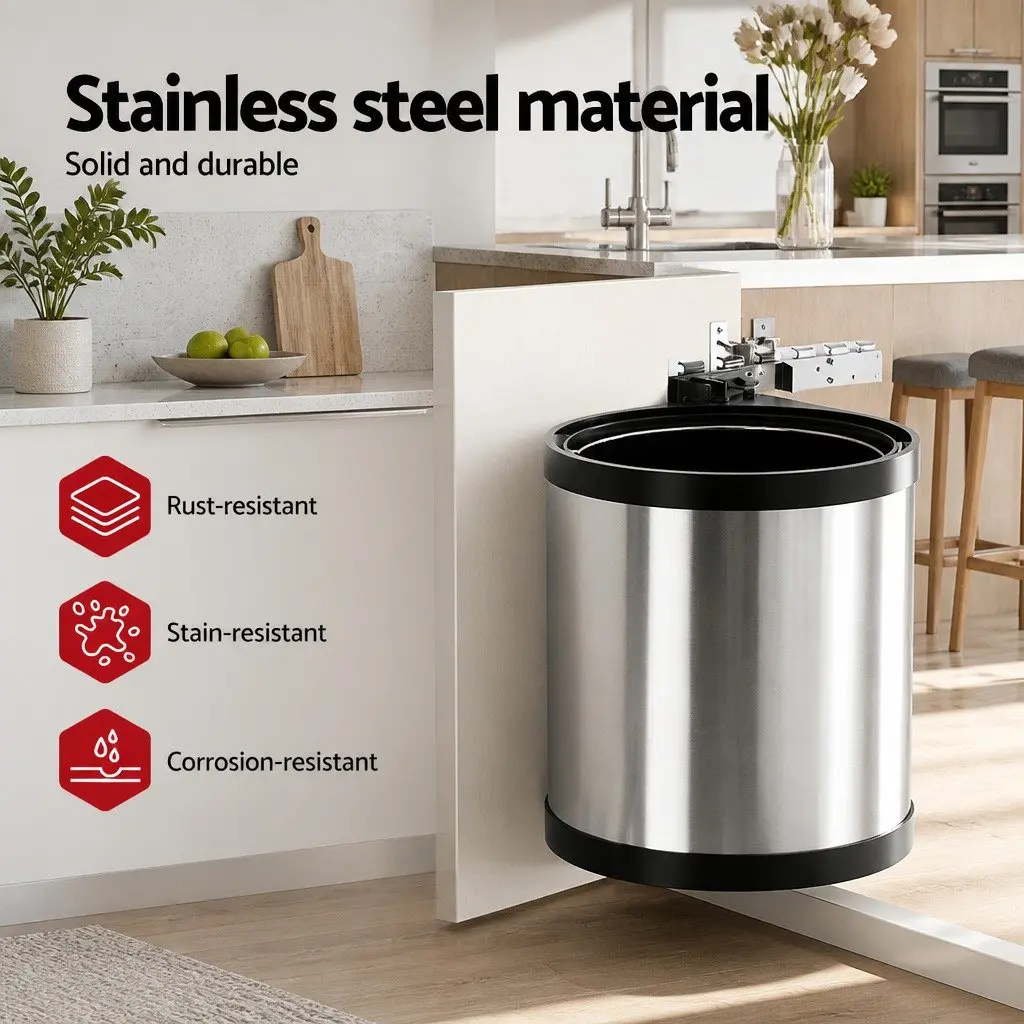 Pull Out Kitchen Bin Auto Open Lid 12L Silver Stainless Steel Cabinet Waste Dustbin