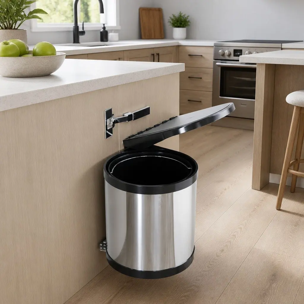 Pull Out Kitchen Bin Auto Open Lid 12L Silver Stainless Steel Cabinet Waste Dustbin