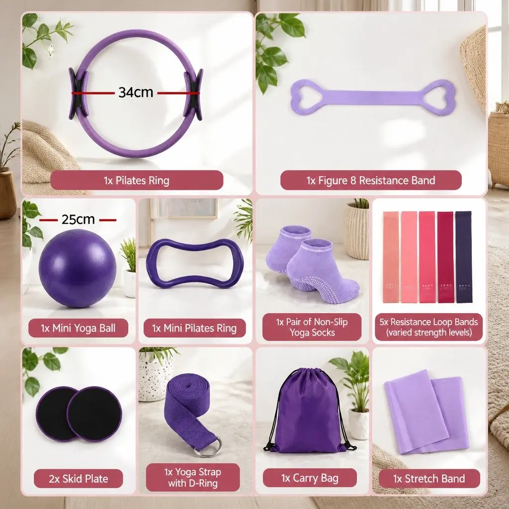 Pilates Ring Set 34cm Pilates Ring 25cm Mini Yoga Ball Resistance Bands Home Workout Equipment