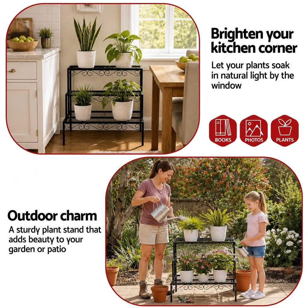 3 Tier Metal Plant Stand Corner Shelf Flower Pot Holder Indoor Outdoor Display