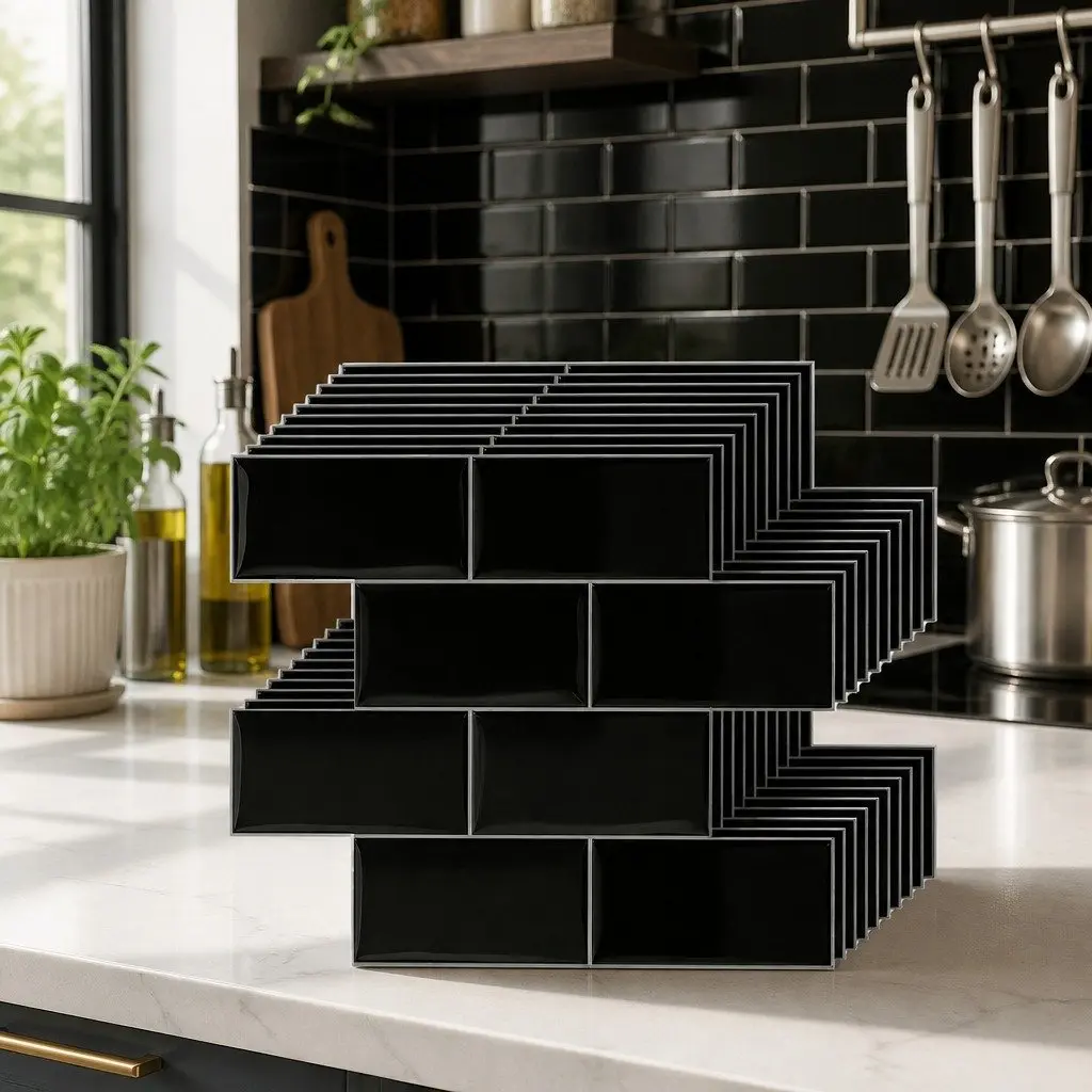 Peel and Stick Black Subway Tiles 3D Textured Waterproof 32x27cm 10 Sheets