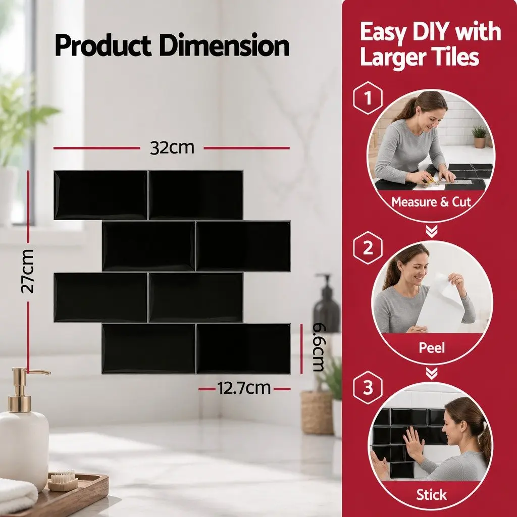 Peel and Stick Black Subway Tiles 3D Textured Waterproof 32x27cm 10 Sheets