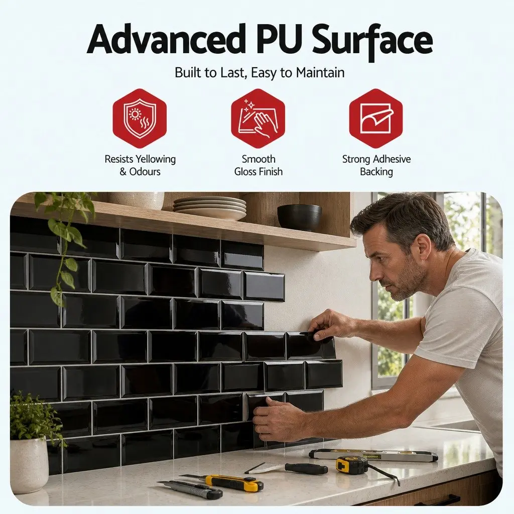 Peel and Stick Black Subway Tiles 3D Textured Waterproof 32x27cm 10 Sheets