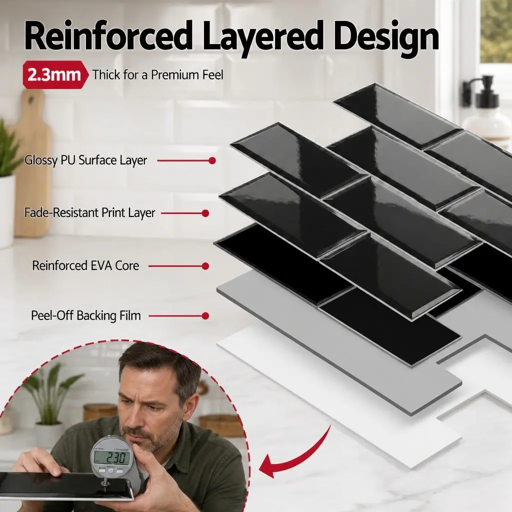 Peel and Stick Black Subway Tiles 3D Textured Waterproof 32x27cm 10 Sheets