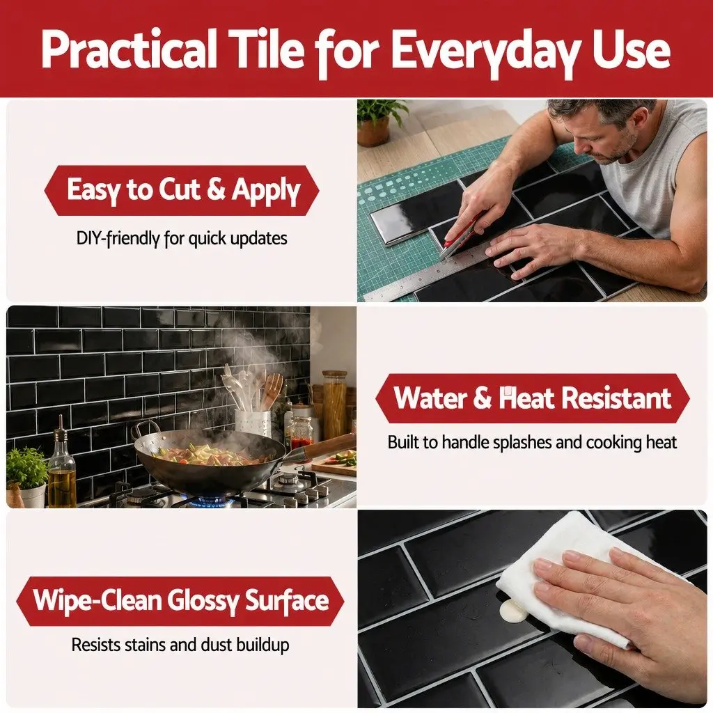 Peel and Stick Black Subway Tiles 3D Textured Waterproof 32x27cm 10 Sheets