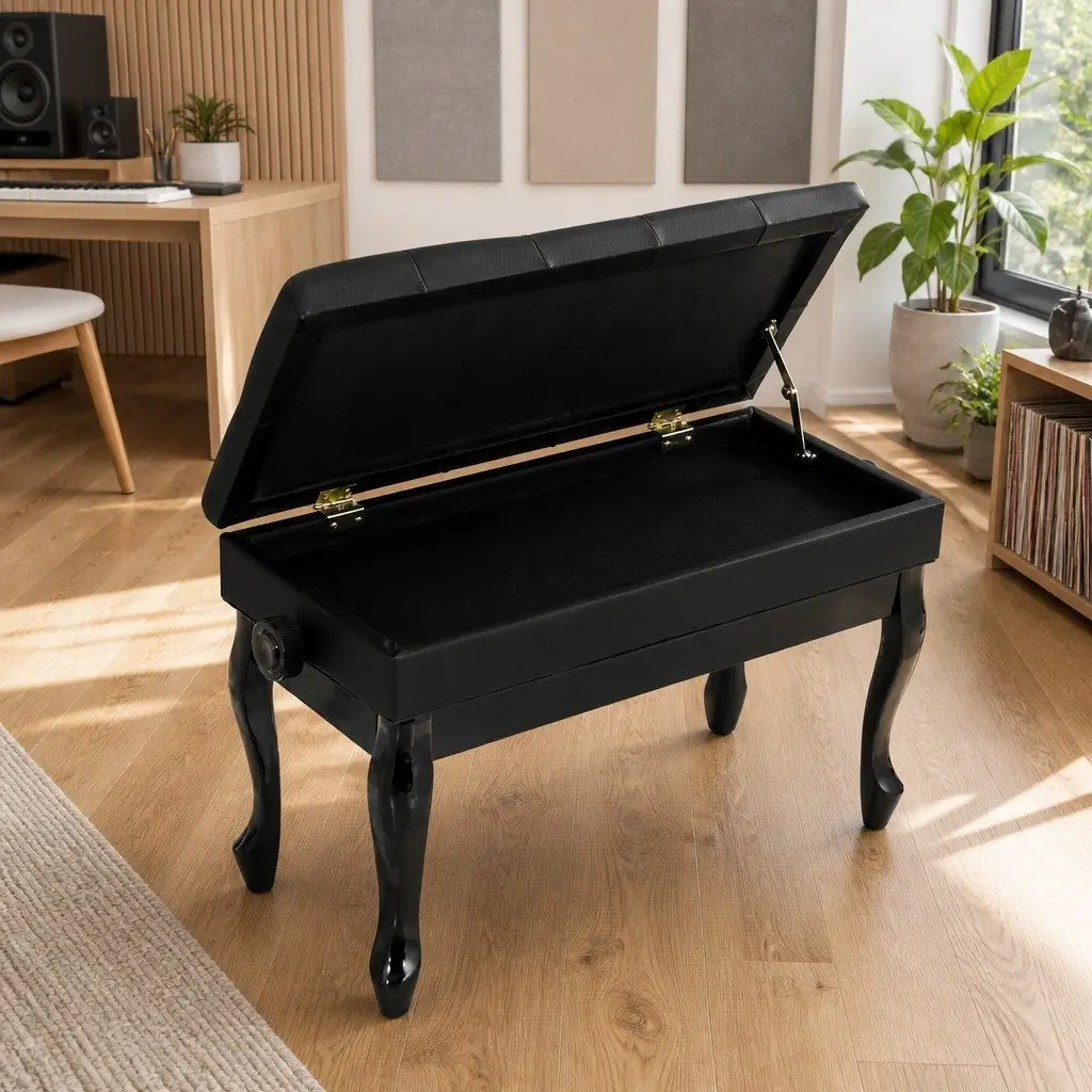 Adjustable Height Piano Bench with Storage Soft Padding Black