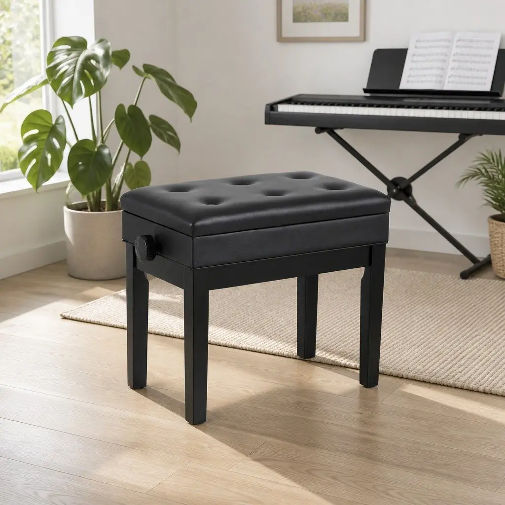 Adjustable Piano Bench Wooden Keyboard Seat Padded Music Chair with Storage