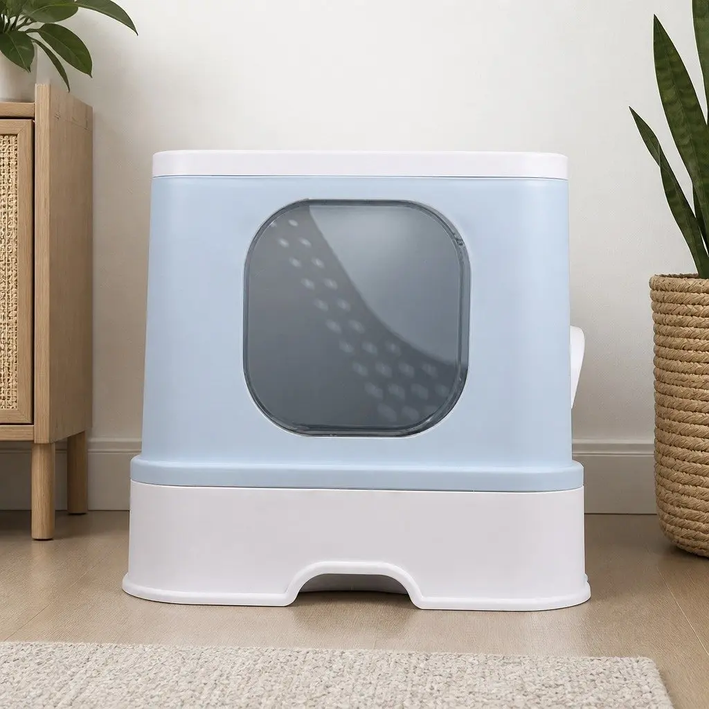 Enclosed Cat Litter Box Double Door Large Spacious Blue