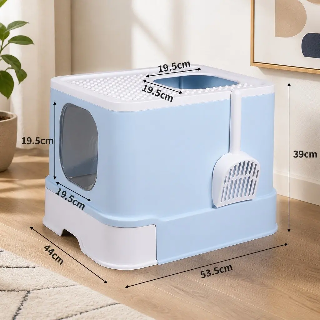 Enclosed Cat Litter Box Double Door Large Spacious Blue