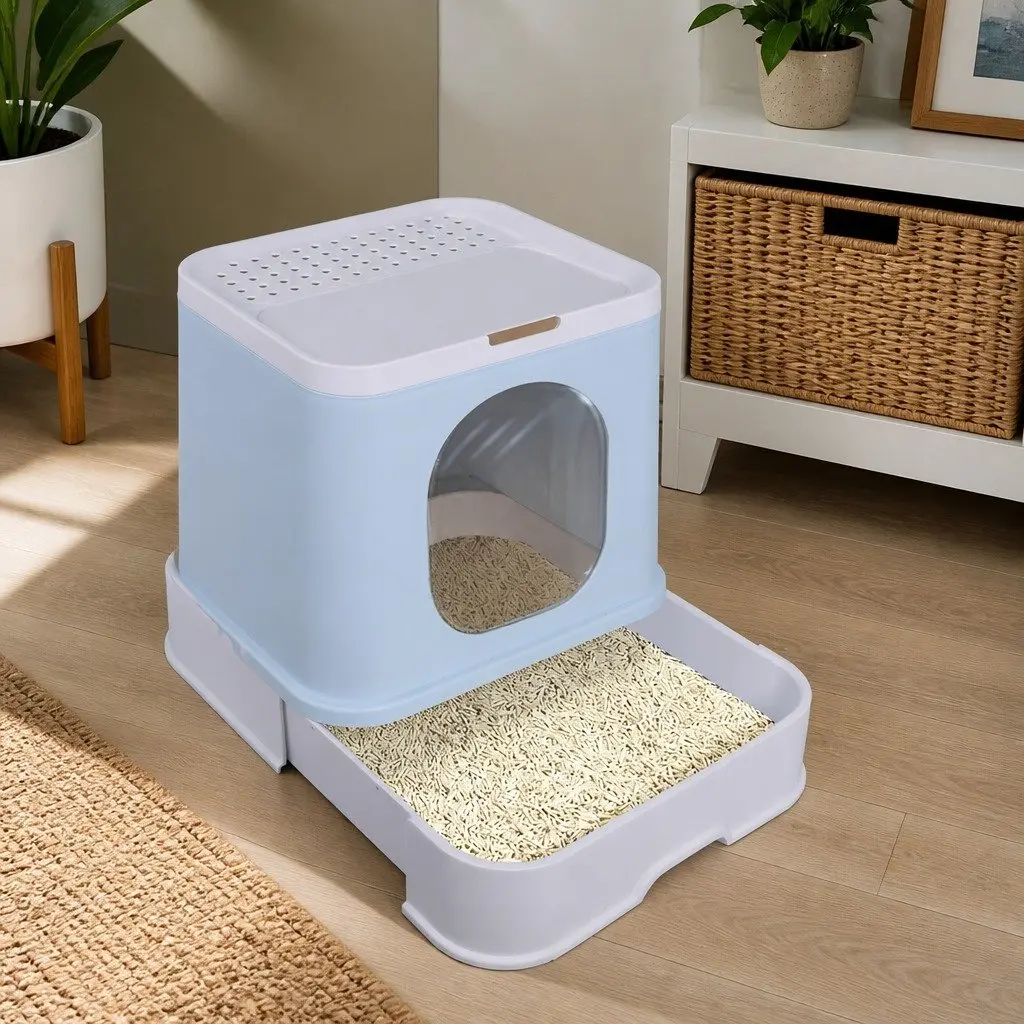 Enclosed Cat Litter Box Double Door Large Spacious Blue