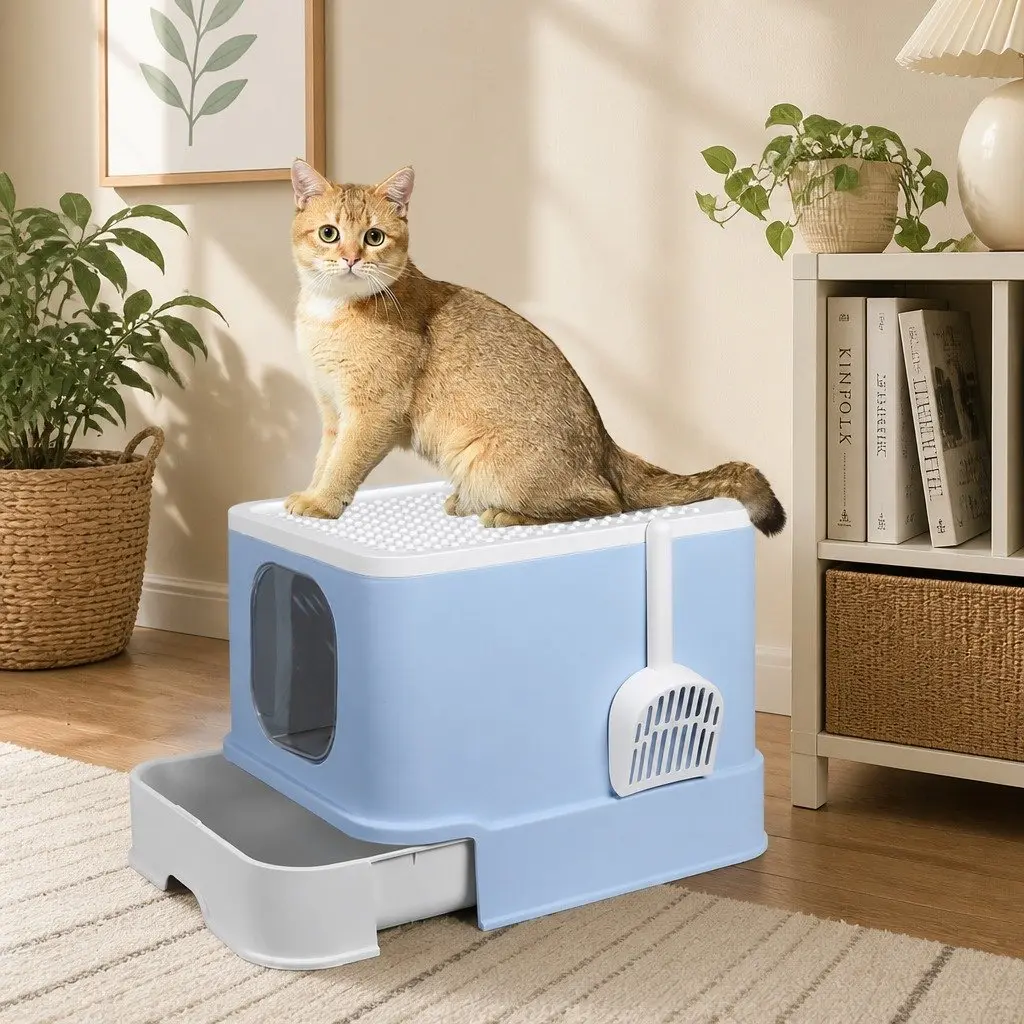 Enclosed Cat Litter Box Double Door Large Spacious Blue