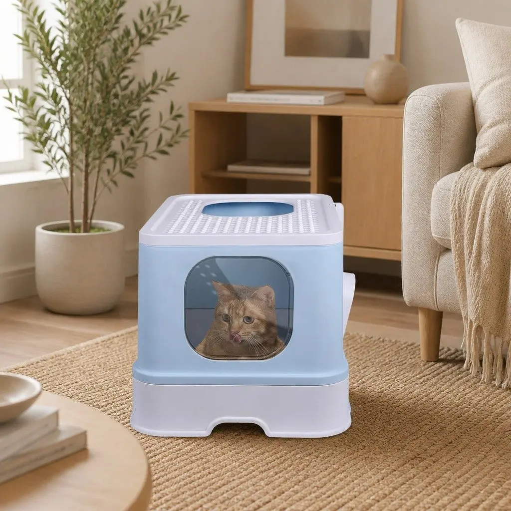 Enclosed Cat Litter Box Double Door Large Spacious Blue