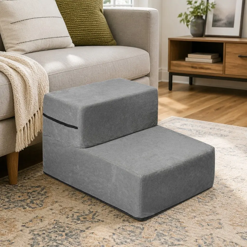 Pet Stairs Adjustable Height 2 Step Ramp Anti-Slip Bottom Grey