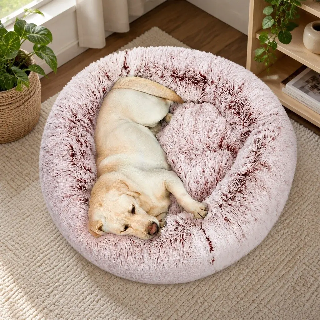 Dog Calming Pet Bed Removable Cover Donut Shape Large Pink