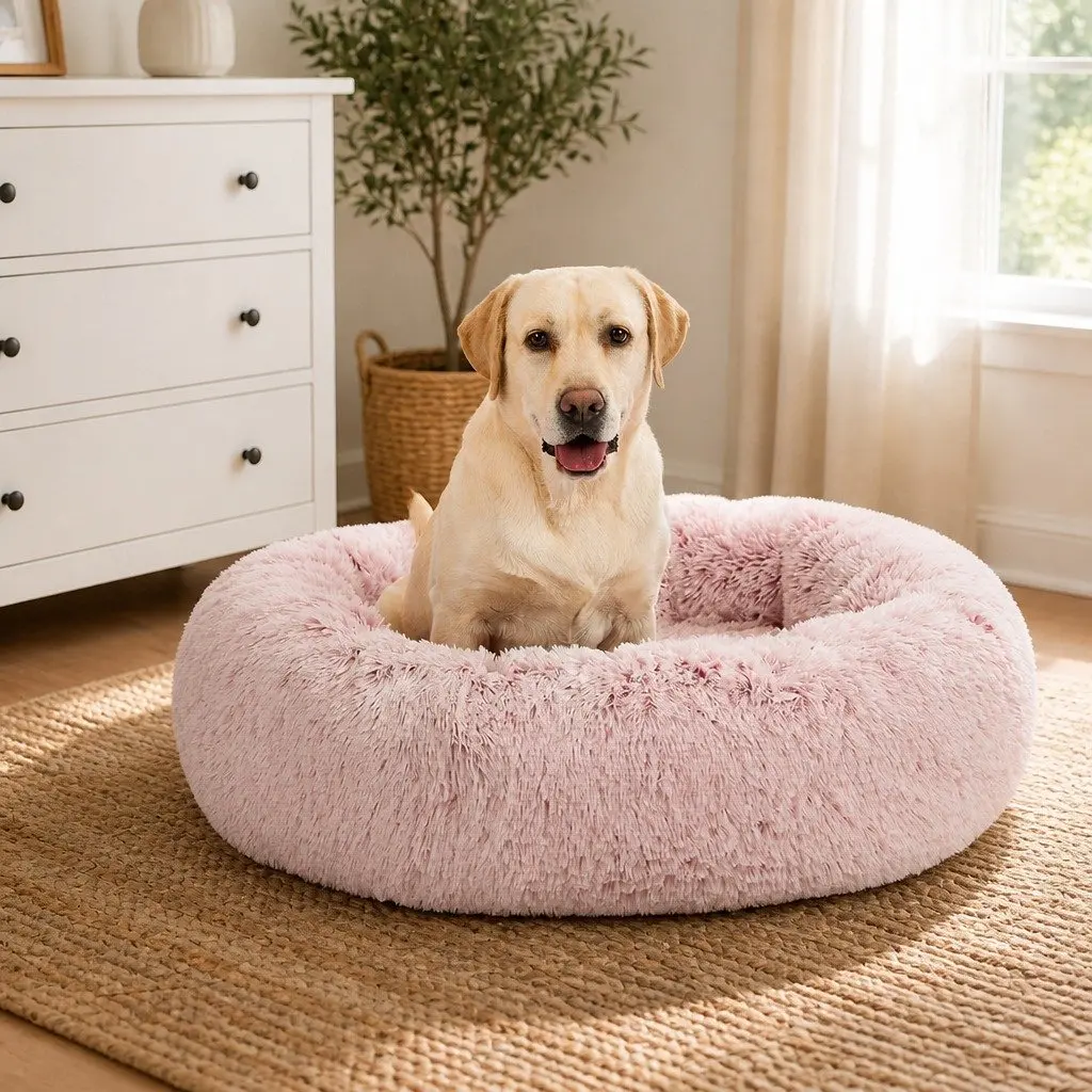 Dog Calming Pet Bed Removable Cover Donut Shape Large Pink