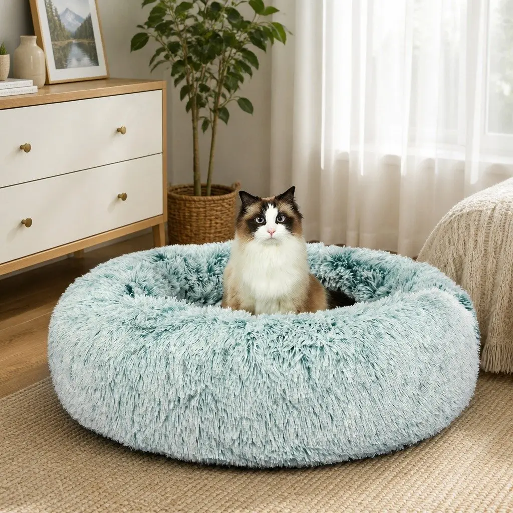 Dog Calming Bed Cover Large Teal Removable Replacement Pet Nest Donut Shape