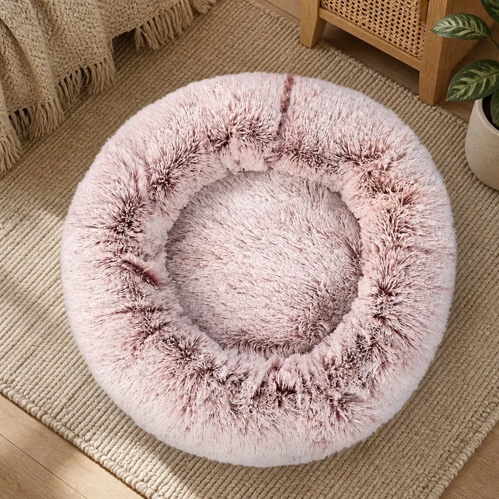 Pet Bed Donut Shape Calming Nest Medium Pink Plush