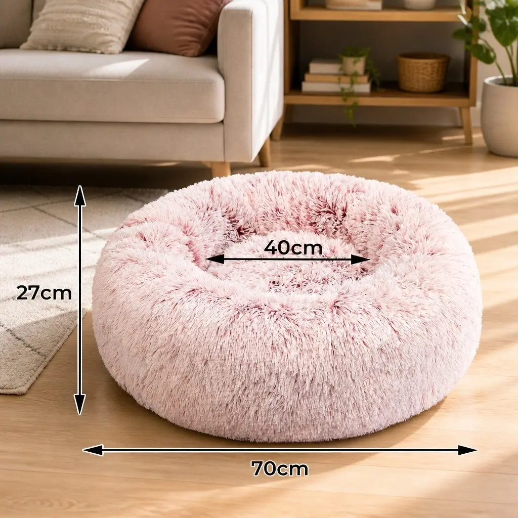Pet Bed Donut Shape Calming Nest Medium Pink Plush