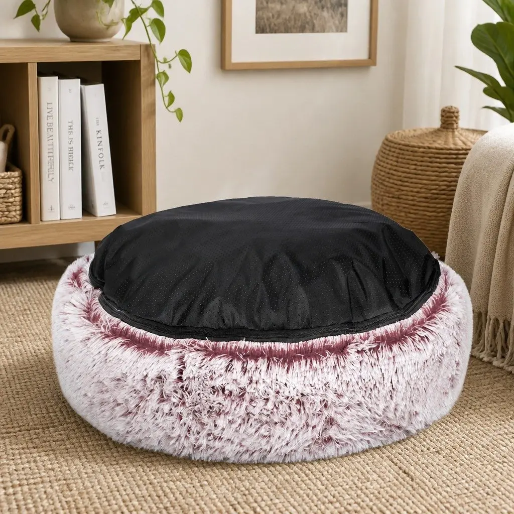 Pet Bed Donut Shape Calming Nest Medium Pink Plush