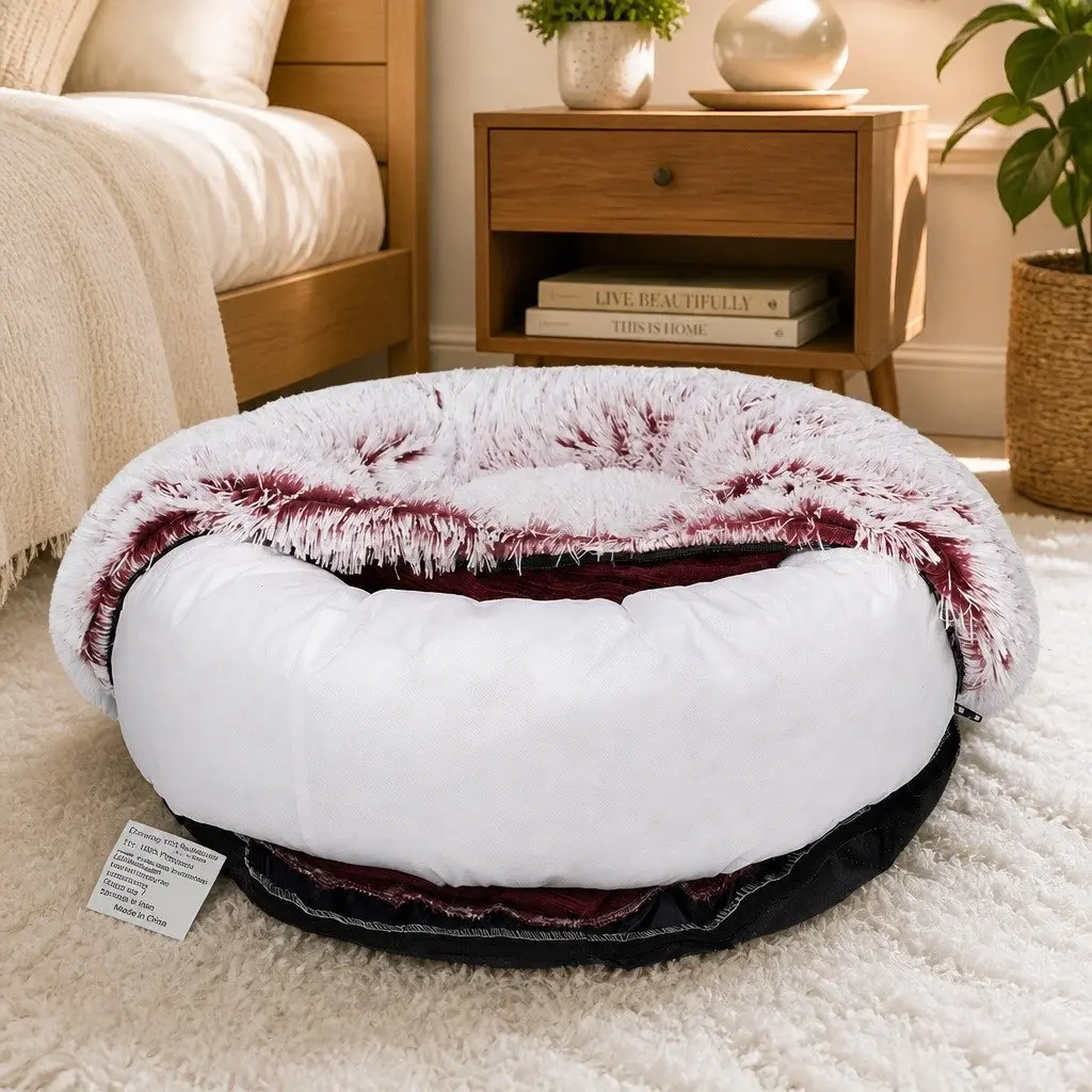Pet Bed Donut Shape Calming Nest Medium Pink Plush