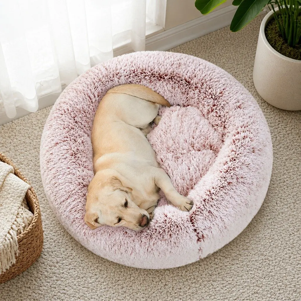 Pet Bed Donut Shape Calming Nest Medium Pink Plush