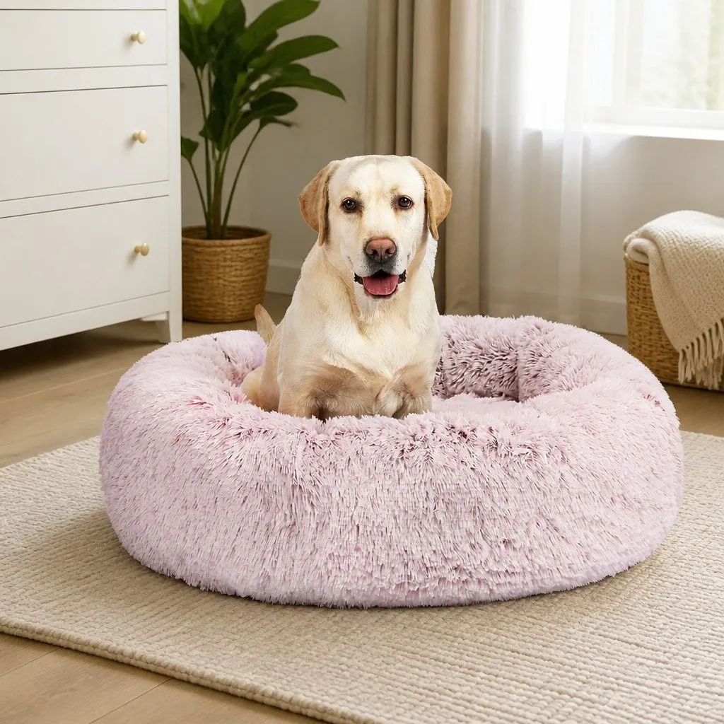 Pet Bed Donut Shape Calming Nest Medium Pink Plush