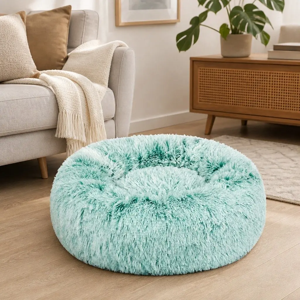 Dog Calming Bed Cover Medium Teal Plush Donut-Shaped Replacement Cover